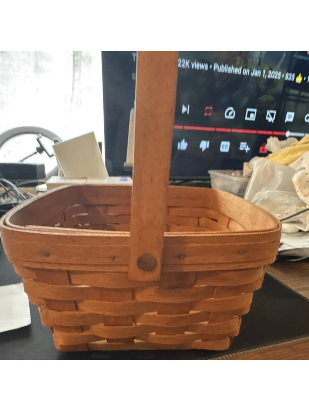 Longaberger Handwoven Wood Storage Basket 1992 Brown Rectangle Handle